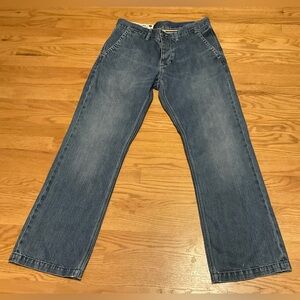 Men’s Button Fly Gap 1969 Toland Blue Jeans Denim. Distressing. Button Fly.